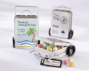 "Miles of Memories" Suitcase Favor Tins with Optional Personalized Labels(Set of 12)-personalized wedding favors, wedding favor tins, edible wedding favors