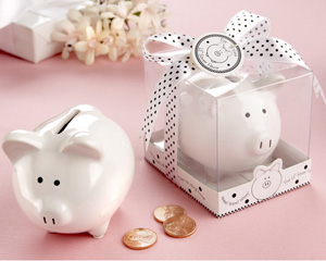 Li l Saver Favor Ceramic Mini-Piggy Bank in Gift Box with Polka-Dot Bow-baby shower party favors, ideas for baby shower favors, baby shower favors ideas, creative baby shower favors, baby showers favors