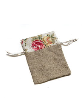 Mini Linen Drawstring Pouch with Vintage Infused Love Print-Mini Linen Drawstring Pouch with Vintage Infused Love Print
