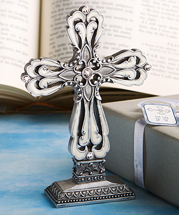Pewter Color Cross Statue with Ivory Enamel Inlay-Pewter Color Cross Statue with Ivory Enamel Inlay,Favors For Communions, Favors For Christenings, Favors For Baptisms, Baptism & Christening Favors, promo items, giveaway ideas, Sunday school gifts, church marketing