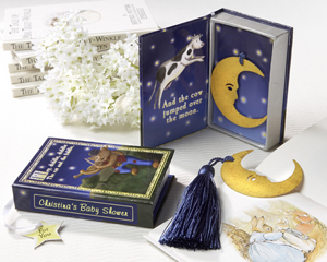 "Over the Moon" Vintage Moon Bookmark with Tassel in Nursery Rhyme Keepsake Book Box-bookmark baby shower favors