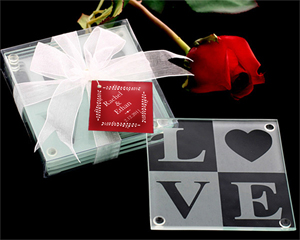 LOVE Glass Coaster Gift Set with FREE Personalized Tags-Wine wedding favors, wedding party favors, wedding shower favors, Kate Aspen wedding favors, practical wedding favors