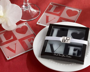 LOVE Frosted-Glass Coasters in Elegant Gift Box with Matching Charm-