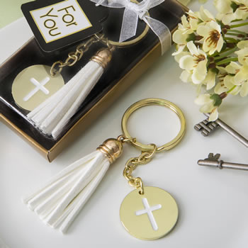 Gold metal cross themed white tassel key chain-Gold metal cross themed white tassel key chain