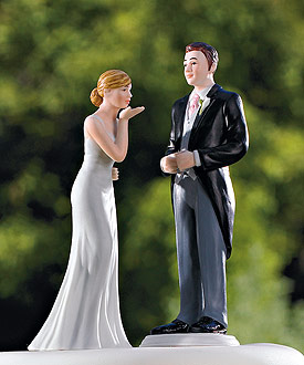 Bride Blowing Kisses and Groom in Suit Cake Toppers-new 2011 weddingstar cake topper, romantic wedding cake topper